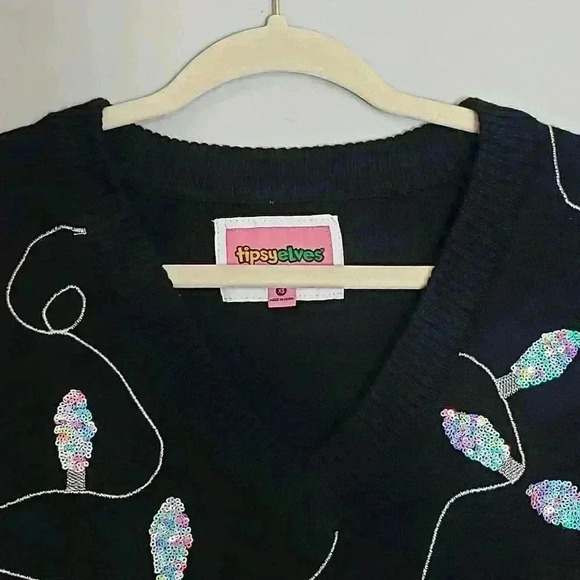 Tipsy Elves Oversized Black Sweater Dress Iridescent Sequin Christmas Lights XS - Picture 4 of 16
